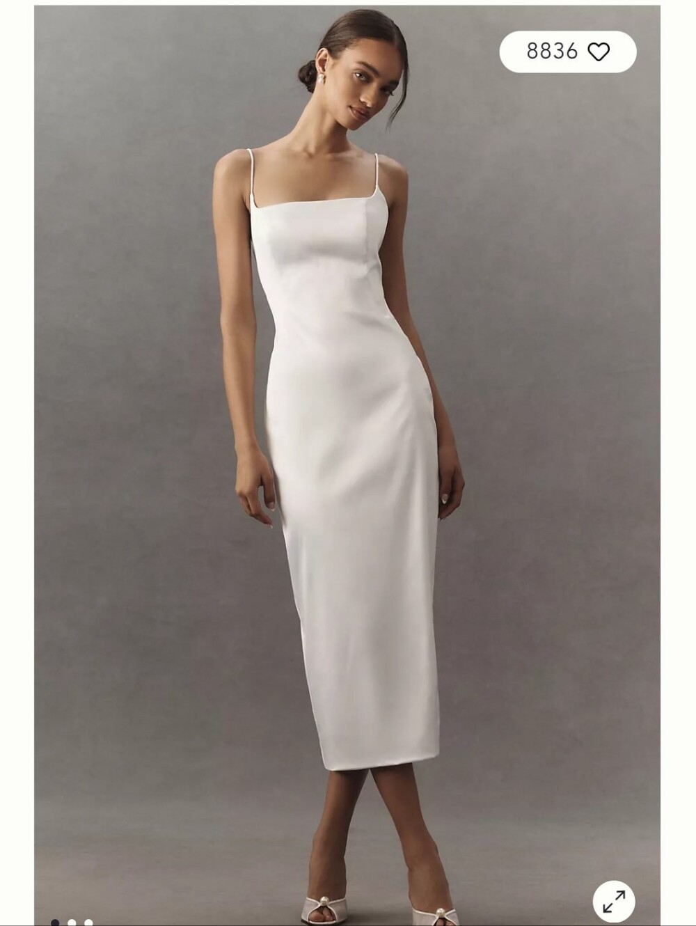 NWT BHLDN Square-Neck Back-Slit Stretch Satin Midi Dress White L
